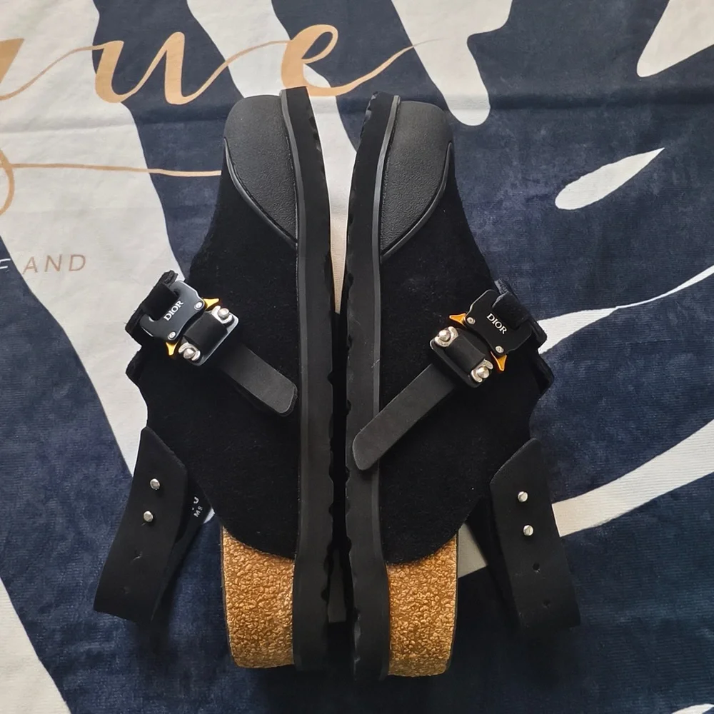Dior Black Suede Platform Slingback Clogs with Metal Accents